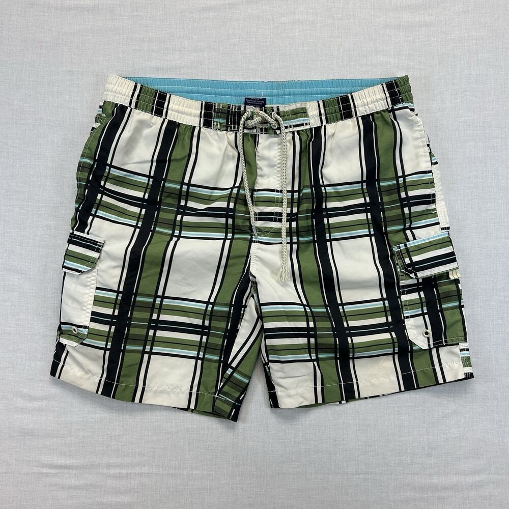 Caribbean Joe Swim Trunks Mens Large Aqua Green Gray Plaid Hawaiian Pocket Water